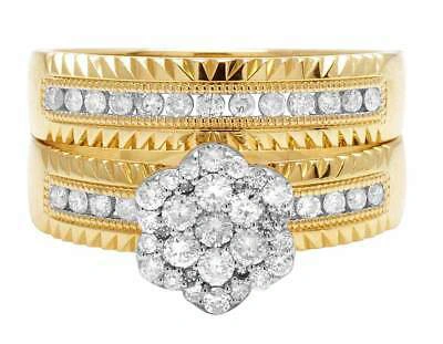 Pre-owned Jewelry Unlimited Ladies/mens 14k Yellow Gold Real Diamond Flower Trio Bridal Ring Set 1.1ct 8mm In G-h
