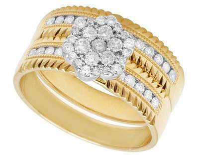 Pre-owned Jewelry Unlimited Ladies/mens 14k Yellow Gold Real Diamond Flower Trio Bridal Ring Set 1.1ct 8mm In G-h