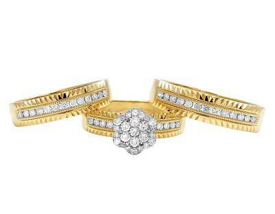 Pre-owned Jewelry Unlimited Ladies/mens 14k Yellow Gold Real Diamond Flower Trio Bridal Ring Set 1.1ct 8mm In G-h