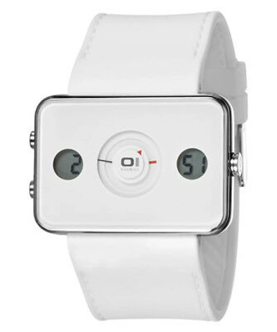 Pre-owned 01 The One Turning Disc Digital & Analog Watch Ip104-3wh White Case Pu Strap In Misty Rose
