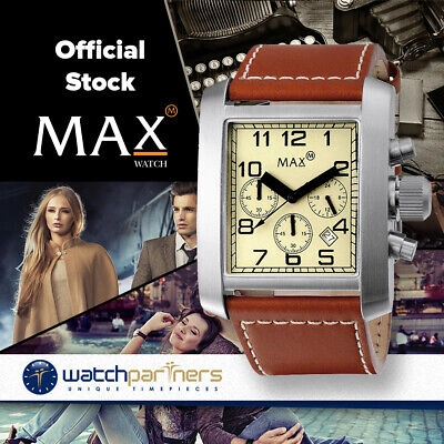 Pre-owned Max Watch Classic Square Chrono Yellow Dial Brown Leather Strap 40x42mm 5-073