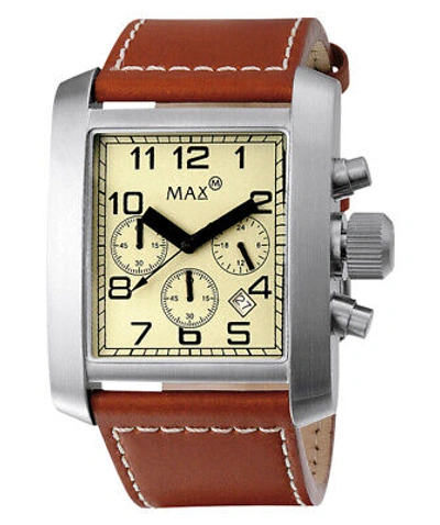 Pre-owned Max Watch Classic Square Chrono Yellow Dial Brown Leather Strap 40x42mm 5-073