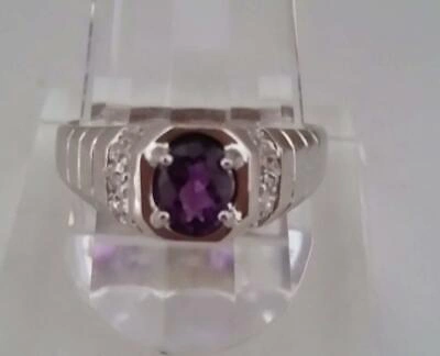 Pre-owned Amethyst Mens Natural 7x5mm  And Diamond Ring 10k White Gold - Free Ring Sizing In Purple