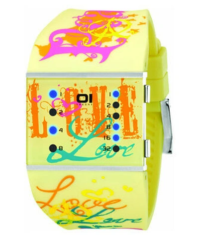 Pre-owned 01 The One Slim Square Womens Cool Binary Led Watch Slsl137b3 Pu Strap In Khaki