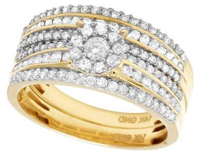 Pre-owned Jewelry Unlimited Ladies/mens 14k Yellow Gold Diamond Cluster Top Trio Bridal Ring Set 1.50 Ct 6mm