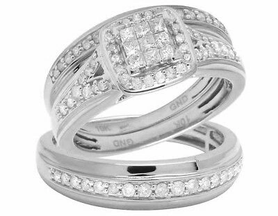 Pre-owned Jewelry Unlimited 10k White Gold Mens/ladies Princess Genuine Diamond Trio Wedding Ring Set 1.0ct
