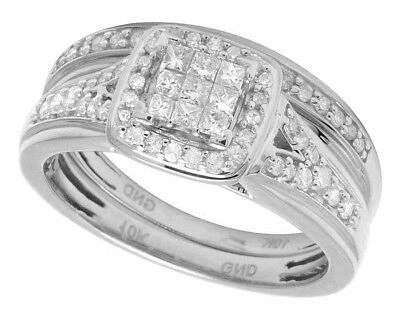 Pre-owned Jewelry Unlimited 10k White Gold Mens/ladies Princess Genuine Diamond Trio Wedding Ring Set 1.0ct