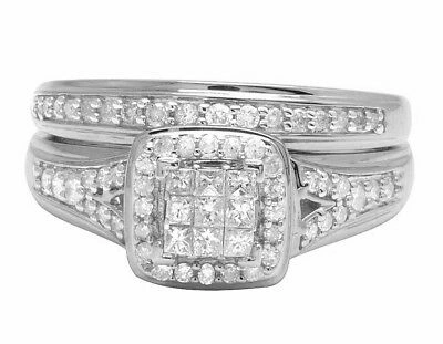 Pre-owned Jewelry Unlimited 10k White Gold Mens/ladies Princess Genuine Diamond Trio Wedding Ring Set 1.0ct