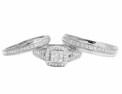 Pre-owned Jewelry Unlimited 10k White Gold Mens/ladies Princess Genuine Diamond Trio Wedding Ring Set 1.0ct
