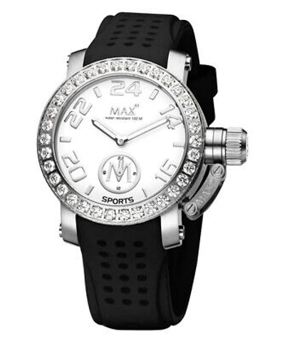 Pre-owned Max Sports Watch Xs36 White Dial S/steel Case Cubic Zirconia Bezel 36mm 5-549