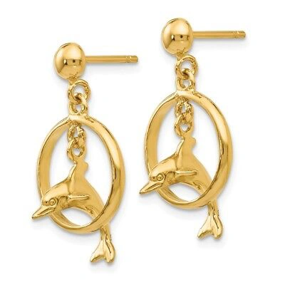 Pre-owned Superdealsforeverything Real 14kt Polished 3-d Dolphin Jumping Through Hoop Dangle Earrings In Yellow