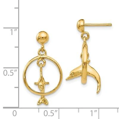 Pre-owned Superdealsforeverything Real 14kt Polished 3-d Dolphin Jumping Through Hoop Dangle Earrings In Yellow