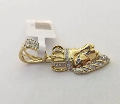 Pre-owned Globalwatches10 Real Diamond Pendant King Lion Head Men Crown Charm 10k Yellow Gold 1"