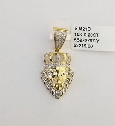 Pre-owned Globalwatches10 Real Diamond Pendant King Lion Head Men Crown Charm 10k Yellow Gold 1"