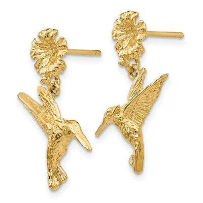 Pre-owned Superdealsforeverything Real 14kt Yellow Gold Hummingbird Dangles From Flower Post Earrings