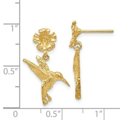Pre-owned Superdealsforeverything Real 14kt Yellow Gold Hummingbird Dangles From Flower Post Earrings