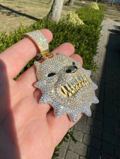 Pre-owned Harlembling Huge 3.5" Iced Hip Hop 14k Gold Plated 925 Angry Pitbull Dog Pendant Necklace Cz In White