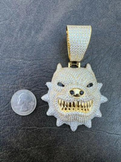 Pre-owned Harlembling Huge 3.5" Iced Hip Hop 14k Gold Plated 925 Angry Pitbull Dog Pendant Necklace Cz In White