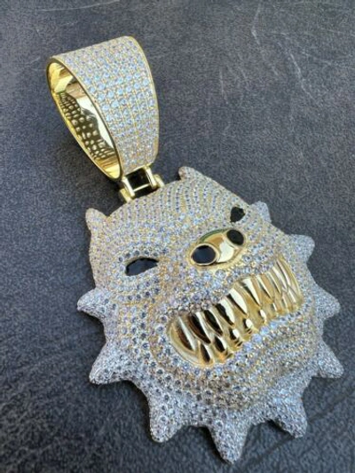Pre-owned Harlembling Huge 3.5" Iced Hip Hop 14k Gold Plated 925 Angry Pitbull Dog Pendant Necklace Cz In White
