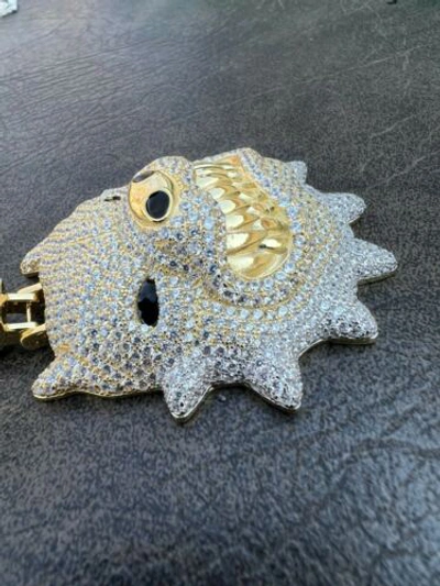 Pre-owned Harlembling Huge 3.5" Iced Hip Hop 14k Gold Plated 925 Angry Pitbull Dog Pendant Necklace Cz In White