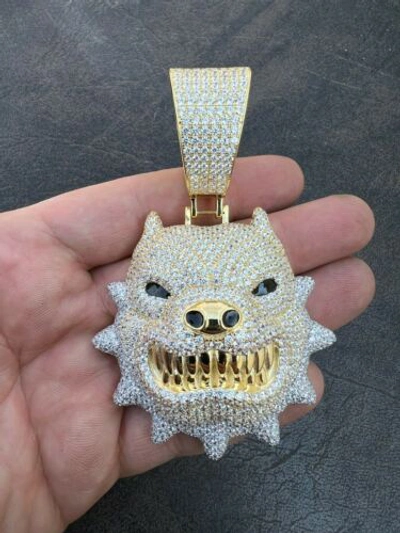 Pre-owned Harlembling Huge 3.5" Iced Hip Hop 14k Gold Plated 925 Angry Pitbull Dog Pendant Necklace Cz In White