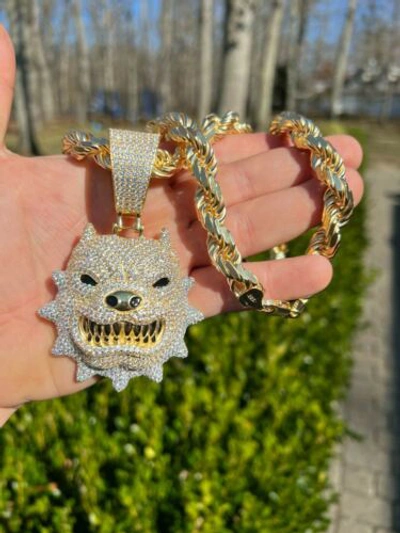 Pre-owned Harlembling Huge 3.5" Iced Hip Hop 14k Gold Plated 925 Angry Pitbull Dog Pendant Necklace Cz In White