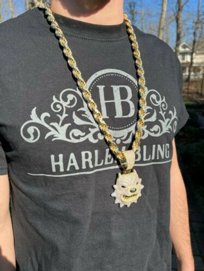 Pre-owned Harlembling Huge 3.5" Iced Hip Hop 14k Gold Plated 925 Angry Pitbull Dog Pendant Necklace Cz In White
