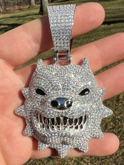 Pre-owned Harlembling Huge 3.5" Iced Hip Hop 925 Silver Angry Pitbull Dog Animal Pendant Necklace Cz In White