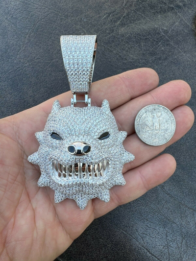 Pre-owned Harlembling Huge 3.5" Iced Hip Hop 925 Silver Angry Pitbull Dog Animal Pendant Necklace Cz In White