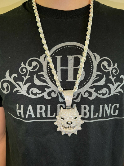 Pre-owned Harlembling Huge 3.5" Iced Hip Hop 925 Silver Angry Pitbull Dog Animal Pendant Necklace Cz In White