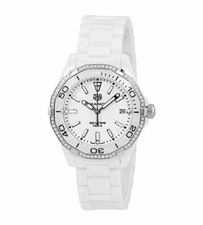 Pre-owned Tag Heuer Aquaracer Lady 300m 35mm White Diamonds Ceramic Watch Way1396.bh0717