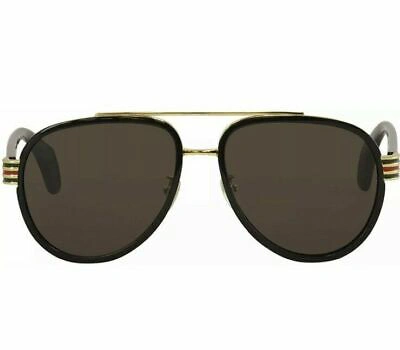 Pre-owned Gucci Gg0447s 003 Black Gold Brown Lens Gg 447 58mm Large Aviator Sunglasses