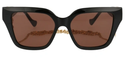Pre-owned Gucci Gg1023s 005 Black/brown/gold Cat Eye Women Sunglasses