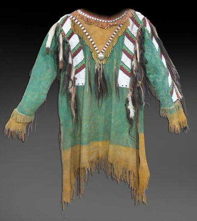Pre-owned Handmade Old American Style Beaded Fringe Buckskin Suede Leather Powwow War Shirt Pws152 In Hand Colored Tan Green