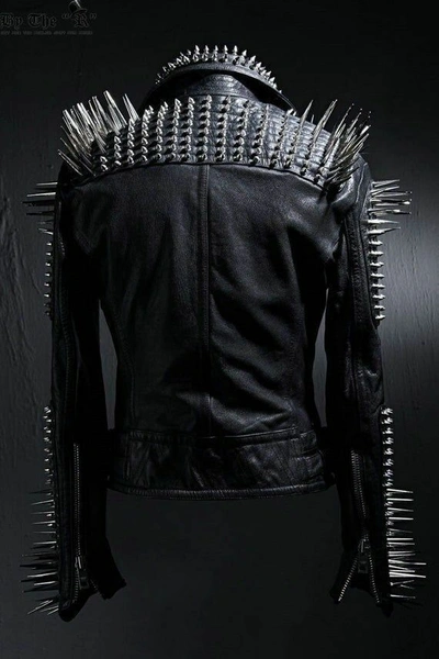 Pre-owned Black Brando Jacket-full  Punk Silver Long Spiked Studded Leather Jacket