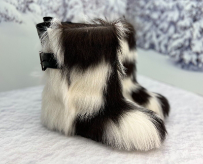 Pre-owned Litvin Goat Fur Boots For Women Brown White Goat Furry Short Mukluks, Yeti,eskimo Boots In Brown/white