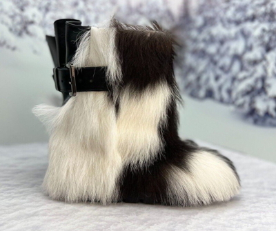 Pre-owned Litvin Goat Fur Boots For Women Brown White Goat Furry Short Mukluks, Yeti,eskimo Boots In Brown/white