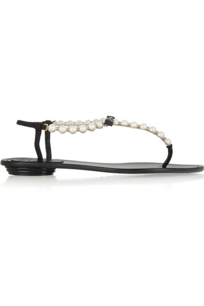 René Caovilla Pearl-embellished Leather Sandals In Black