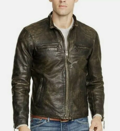 Pre-owned Polo Ralph Lauren $598  Mens Medium Lamb Leather Jacket Caferacer Motorcycle Coat In Black