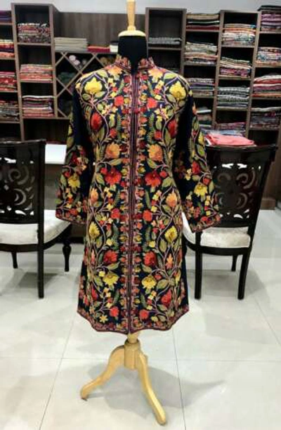 Pre-owned Angad Creations Navy Blue Long Boho Coat With Rich Kashmiri Aari Jaal Embroidery