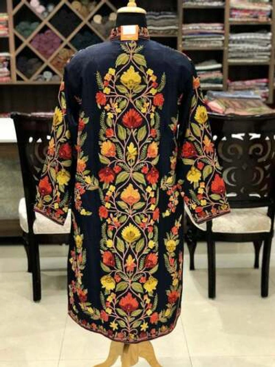 Pre-owned Angad Creations Navy Blue Long Boho Coat With Rich Kashmiri Aari Jaal Embroidery