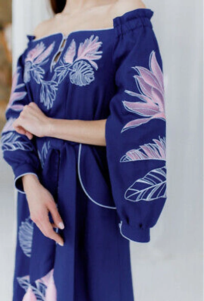 Pre-owned Galychanka Embroidered Blue Dress Boho Style Ukrainian Folk Ethnic Vyshyvanka S M L Xl Xxl