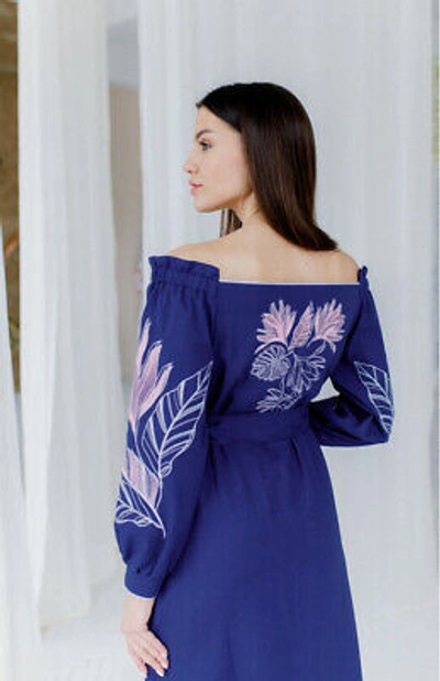 Pre-owned Galychanka Embroidered Blue Dress Boho Style Ukrainian Folk Ethnic Vyshyvanka S M L Xl Xxl