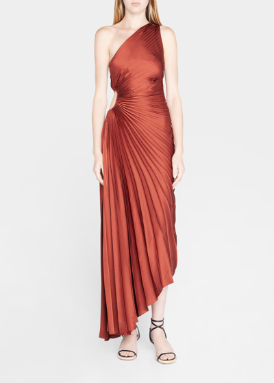 Shop A.l.c Delfina Pleated Long Asymmetric One-shoulder Dress In Brunette