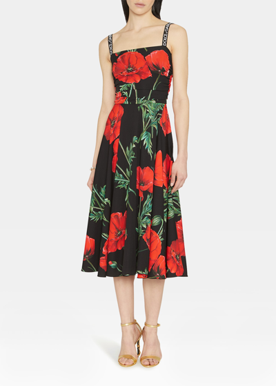 Shop Dolce & Gabbana Floral-print Ruched Silk Charmeuse Midi Dress In Popblkback
