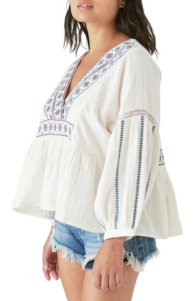 Shop Lucky Brand Embroidered Cotton Peasant Blouse In Whitecap Gray
