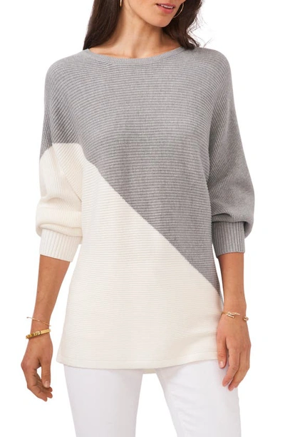 Shop Vince Camuto Asymmetric Colorblock Cotton Blend Sweater In Silver Hthr/antique Wht