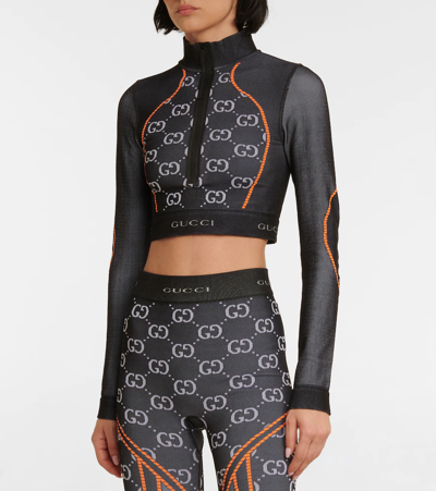 Shop Gucci Gg Cropped Jersey Top In Black/orange