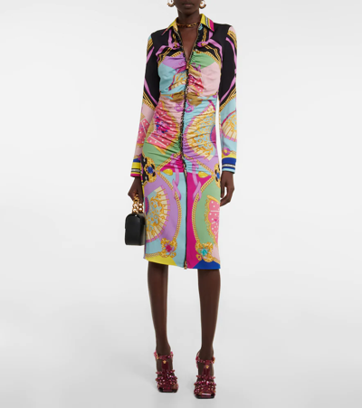 Shop Versace I Ventagli Silk-blend Shirt Dress In Multicolor