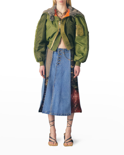 Shop Andersson Bell Denim And Camoflage Combo Midi Skirt In Blue